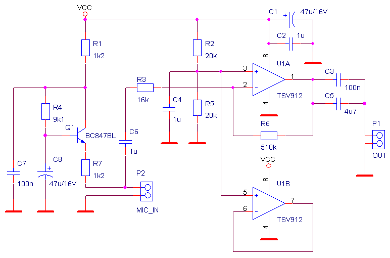 schma zapojen mikrofonnho pedzesilovae s TSV912