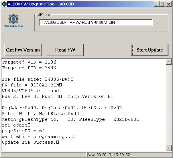 VL80x FW Upgrade Tool flashing FW successfully