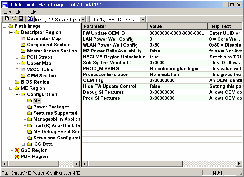 Flash Image Tool - view of ME settings