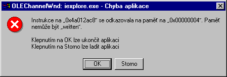 ( X ) Instrukce na '0x4a012ac8' se odkazovala na pam '0x00000004'. Pam neme bt 'written'.... [OK]